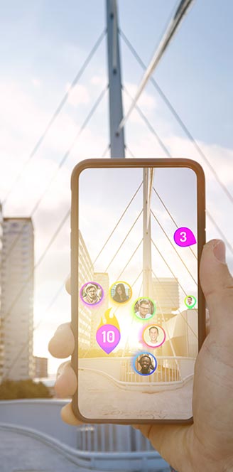 Photo of hand holding phone with city background