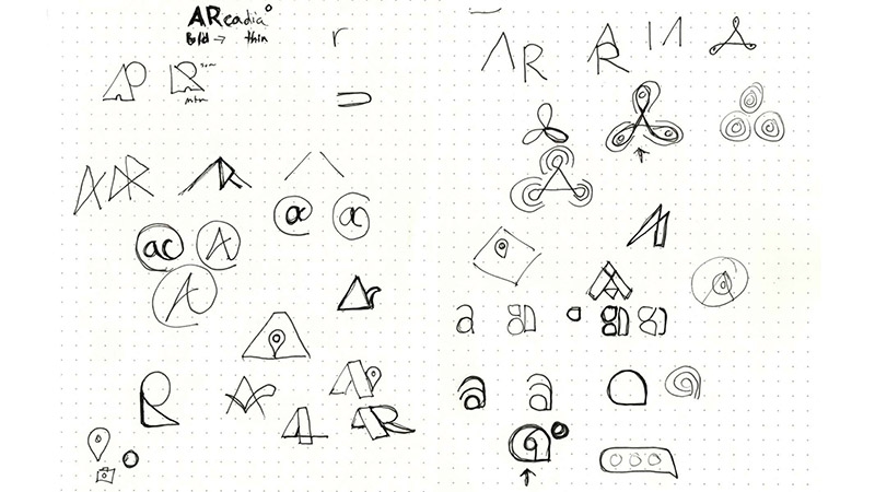 Drawings of ARcadia logo ideas from my sketchbook.